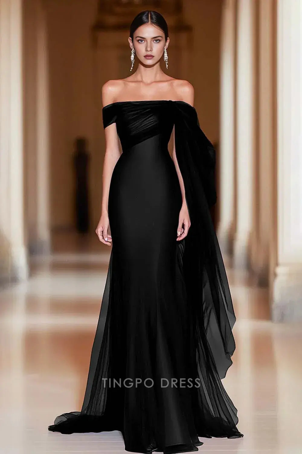 Elegant Mermaid Off-Shoulder Ruched Tulle Drape Mermaid Maxi Dress Prom Dress